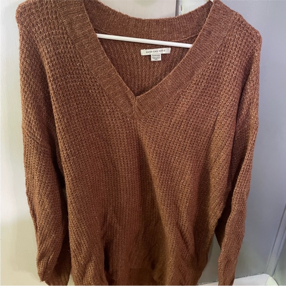 American Eagle Outfitters Women's Warm Brown V-Neck Sweater